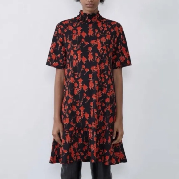 Zara Mini dress High neckline Half sleeve Tiered Ruffle Black Red M Oversized - Picture 10 of 12